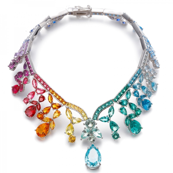 Pear Shape Rainbow Color Cubic Zircon Rhodium Silver Bracelet 