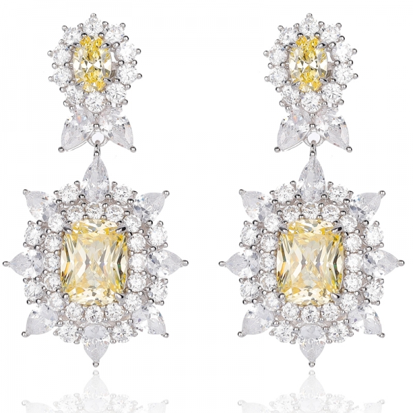 Cushion Diamond Yellow And White Cubic Zircon Rhodium Silver Earring 