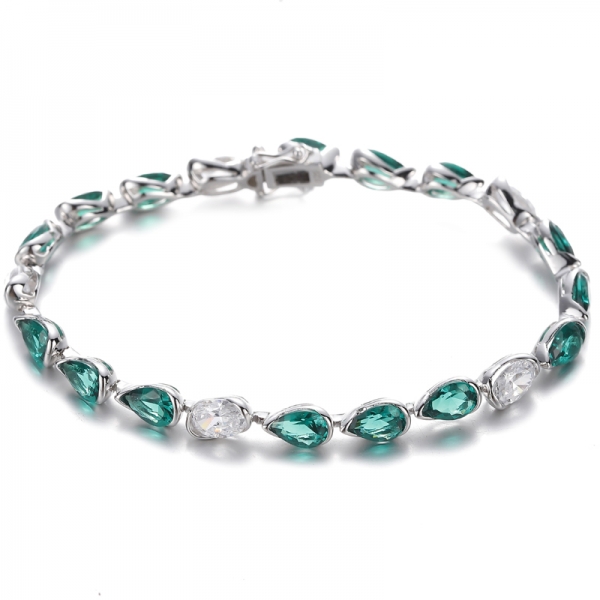 Pear Shape Green Nano And Oval Shape White Cubic Zircon Rhodium Silver Bracelet 