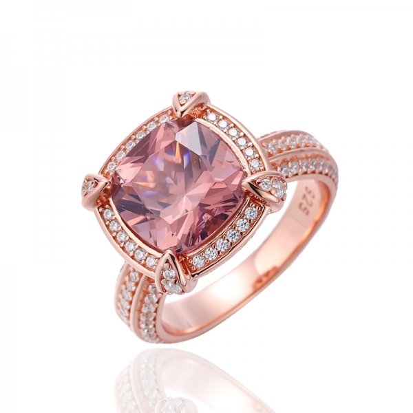 Серебряное кольцо Cushion Morganite Nano и круглого белого кубического циркона с покрытием из розового золота 