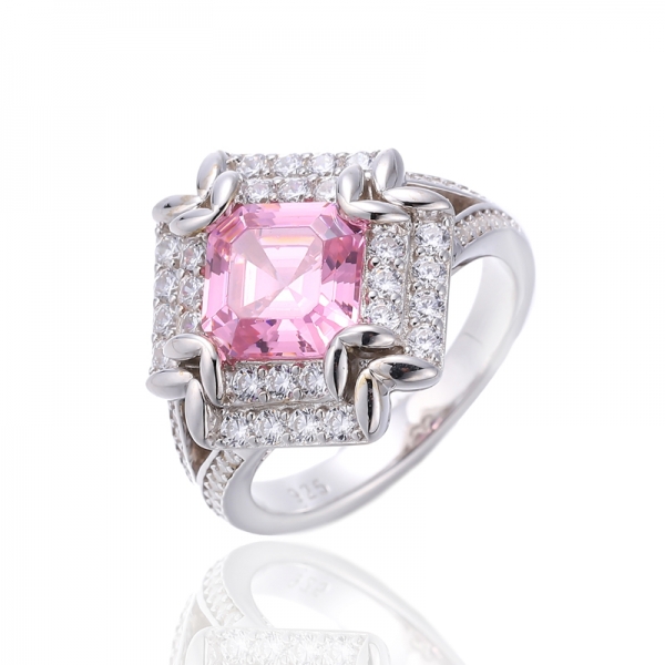 Asscher Pink And Round White Cubic Zircon Rhodium Silver Ring 