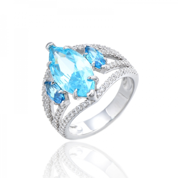 Серебряное кольцо Marquise Aqua с круглым белым цирконом и родием 