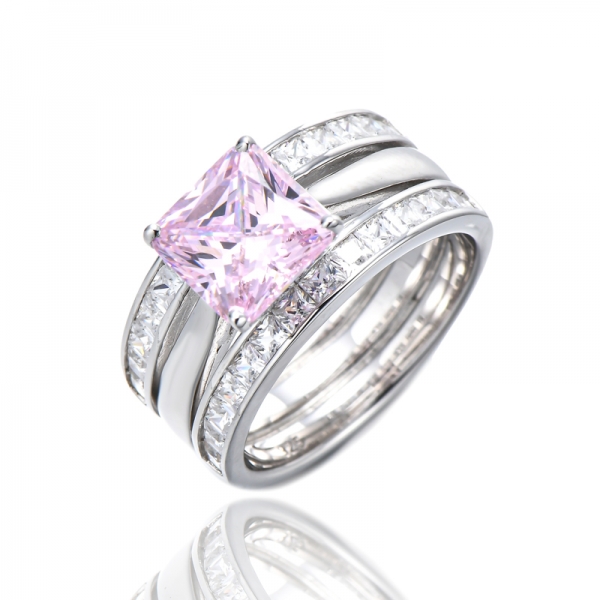 Серебряное кольцо с розовым восьмиугольником и квадратным белым цирконом и родием 