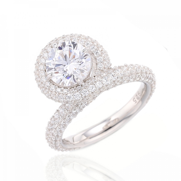 Серебряное кольцо с розовым круглым бриллиантом и круглым белым цирконом, родием 