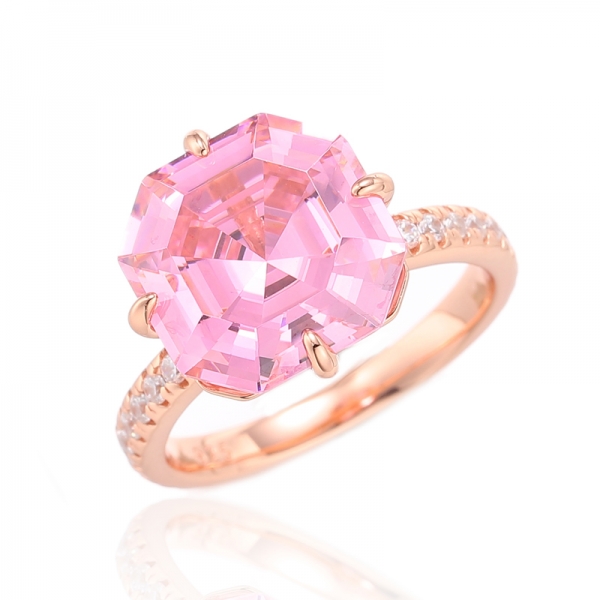 Серебряное кольцо Asscher с розовым и круглым белым кубическим цирконом с покрытием из розового золота 