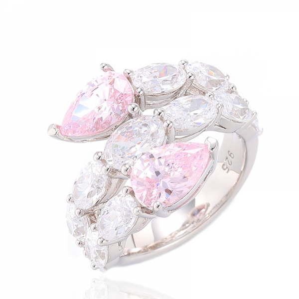 Серебряное кольцо с розовым бриллиантом 925 грушевидной формы и белым кубическим цирконом овальной формы с родиевым покрытием 