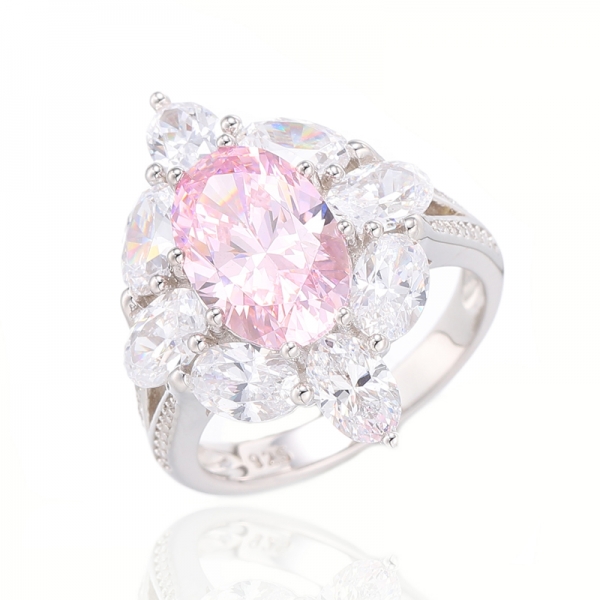 Кольцо овальной формы с розовым бриллиантом и круглым белым цирконом, родиевое серебро 