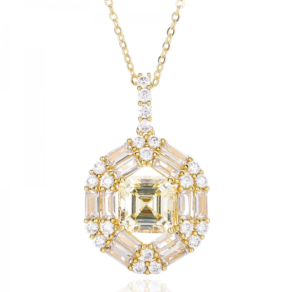 Серебряный кулон с кубическим цирконом огранки Asscher и канарейкой багета с белым покрытием и блестящим покрытием 