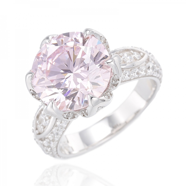 Серебряное кольцо с розовым и белым кубическим цирконом и круглым бриллиантом, родий 