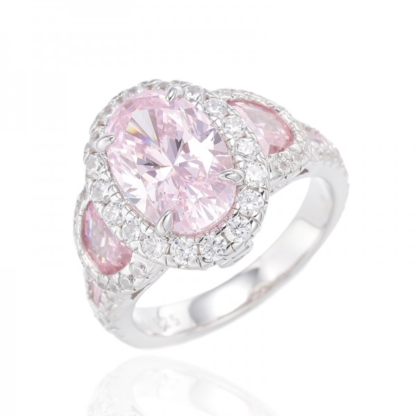 Серебряное кольцо с розовым бриллиантом овальной формы и розовым кубическим цирконом в форме полумесяца с родиевым покрытием 