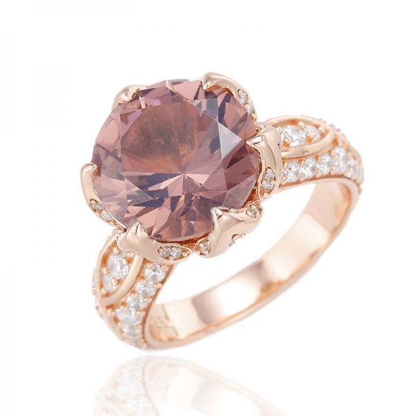 Серебряное кольцо с розовым и белым кубическим цирконом и круглым бриллиантом, родий 