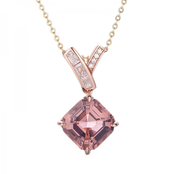 Серебряный кулон Asscher Morganite Nano и Baguette с белым кубическим цирконом и покрытием розового цвета 