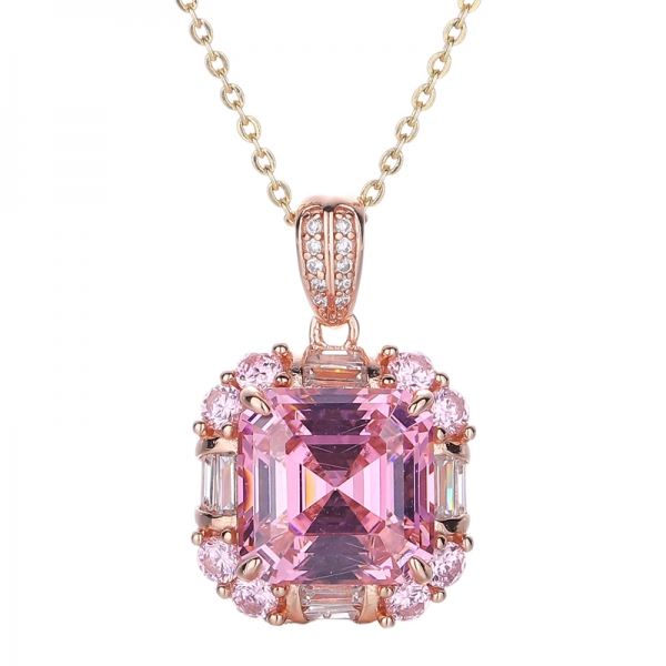 Серебряный кулон Asscher Pink And Baguette White с кубическим цирконом и покрытием Rose Glod 