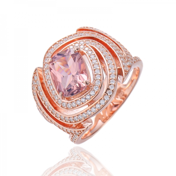 Серебряное кольцо Cushion Morganite Nano и круглого белого кубического циркона с покрытием из розового золота 