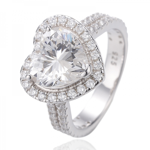 heart shape aquamarine nano and round white cubic zircon rhodium silver ring 