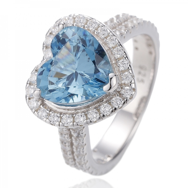 heart shape aquamarine nano and round white cubic zircon rhodium silver ring 