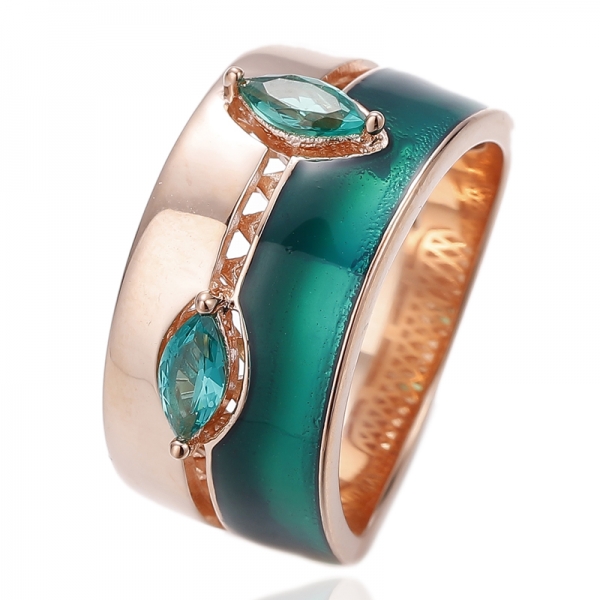 Серебряное кольцо Marquise Green Nano с зеленой эмалью и покрытием из розового золота 
