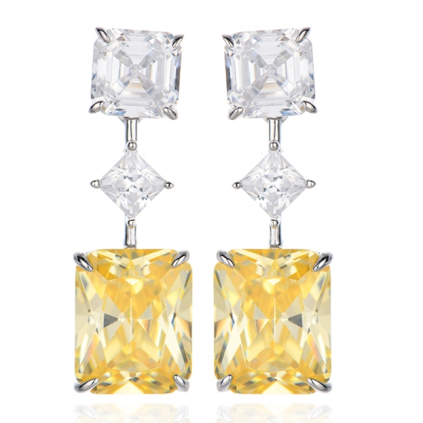 Серьги Octagon Diamond Yellow And Asscher White Cubic Zircon из родированного серебра 
