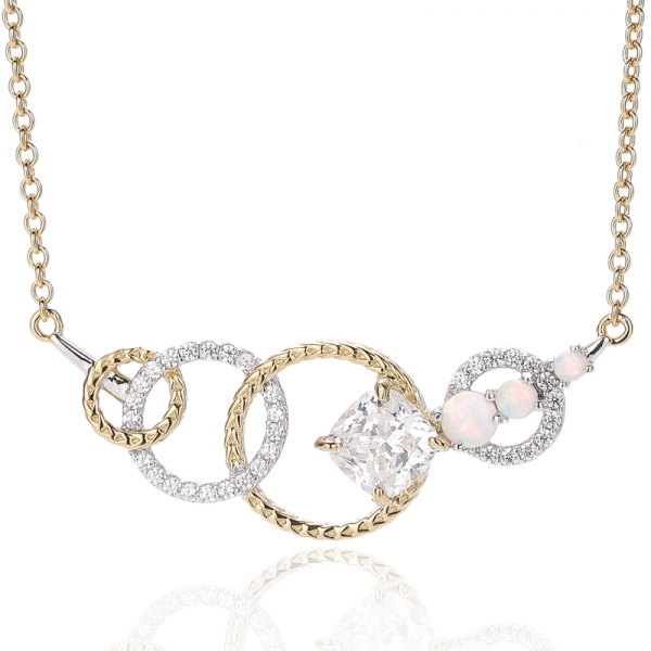 Серебряный кулон с круглым опалом 925 пробы и белым кубическим цирконом в форме кушона с двухцветным покрытием 