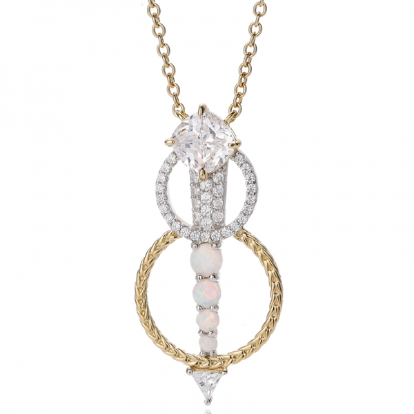 Серебряный кулон с круглым опалом и белым кубическим цирконием в форме кушона с двухцветным покрытием 