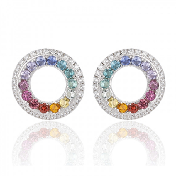 Серьги из родированного серебра с круглыми радужными и белыми кубическими цирконами 